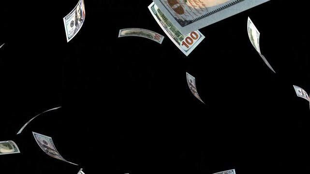 dollars bills falling partical Video. 3d money rain explosion overlay isolated chroma key and luma matte. Banknotes money flying down animation.