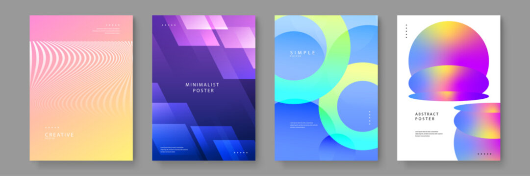 A set of four futuristic posters combining geometric grids circles and abstract rainbow gradients for professional business presentations