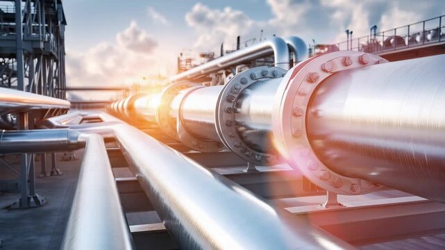 Industrial pipeline system with metal pipes and overhead sunlight