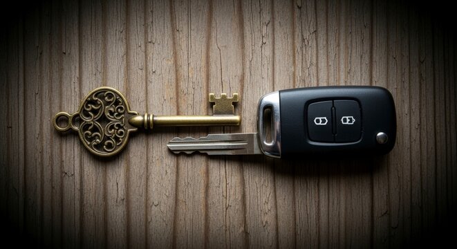 Vintage Key and Car Key Fob on Wood.