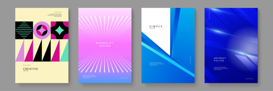 A diverse set of four posters including bauhaus geometric art sunburst lines and glowing blue digital light effects