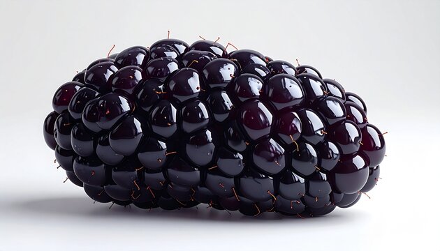 Close-up of a ripe, dark purple mulberry fruit on white background.