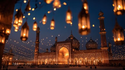 Fototapeta premium A beautifully lit mosque at night with hanging lanterns and string lights
