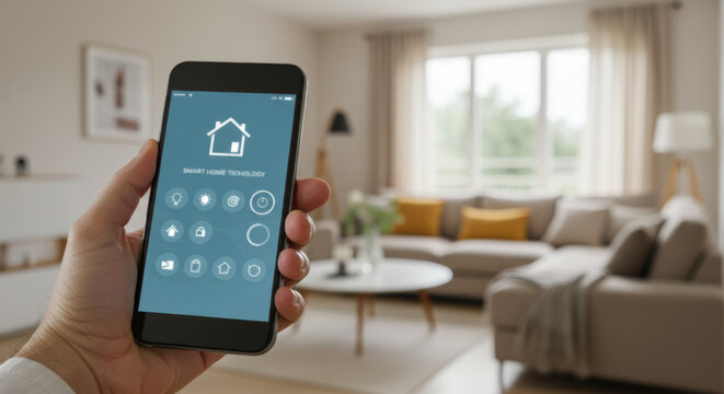 Caucasian man holding smartphone with smart home app for controlling modern house device. Home automation system with smart technology in a living room.