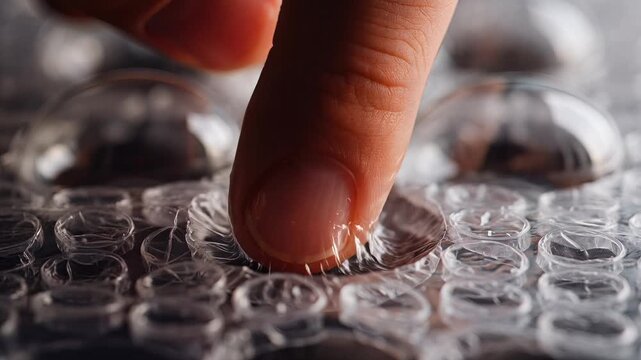 Close-up of a finger pressing on a clear bubble wrap surface, creating a satisfying popping sound and visual effect.