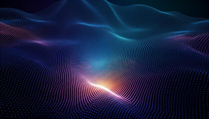 Futuristic Abstract Dot Wave Surface with Vibrant Gradient Colors and 3D Undulating Grid Pattern for Technology and Data Visualization