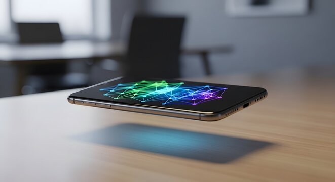 A futuristic smartphone hovering over an office desk with a colourful hologram display