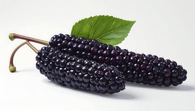 Close-up of Fresh Black Mulberries with Green Leaf on White Background.