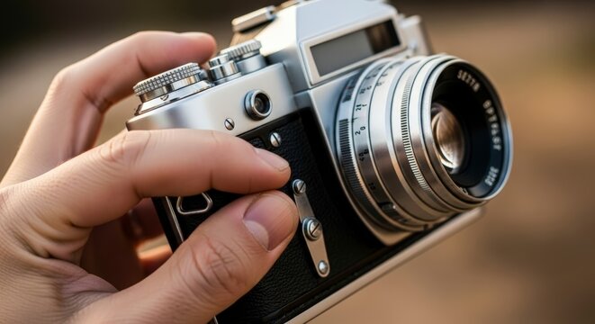 Hand Holding Vintage Camera Closeup.