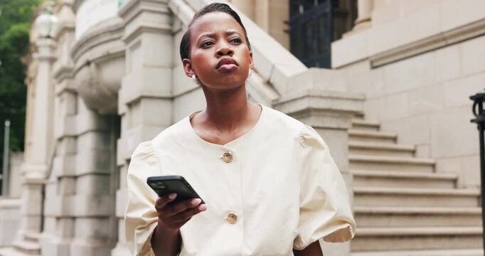 Waiting, phone or business woman on city street, digital lift request or transport service for travel. Check trip price, courthouse or African lawyer with mobile to track arrival, book ride or search