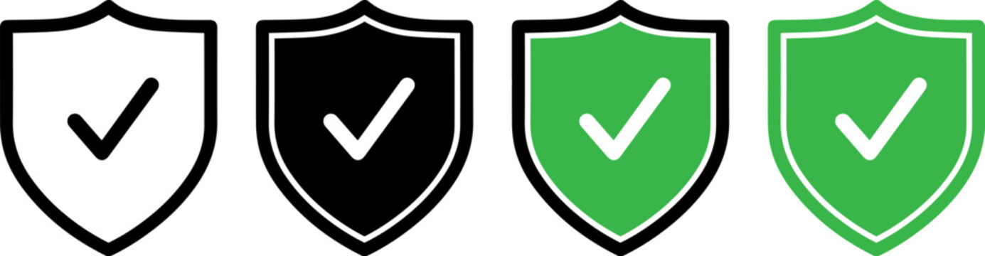Set of shield icons with checkmarks in various colors for security concepts