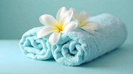 Luxury Spa Wellness Concept with Rolled Blue Towels and White Frangipani Flowers