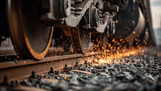 Close-up of Train Wheel Sparks Flying on Railroad Tracks.