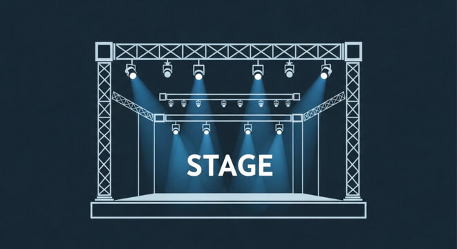 Concert stage with spotlights shining down on performance area with metal truss and rigging system
