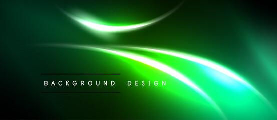Dark green background features bright neon curves. Modern design with glowing lines, creating dynamic visual effect. Simple text overlay present.