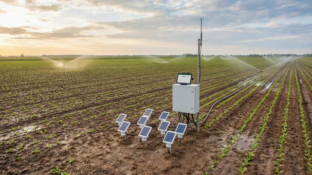 Smart irrigation controller and field sensor network monitors soil moisture weather and solar sensors to control sprinklers across sunrise crop