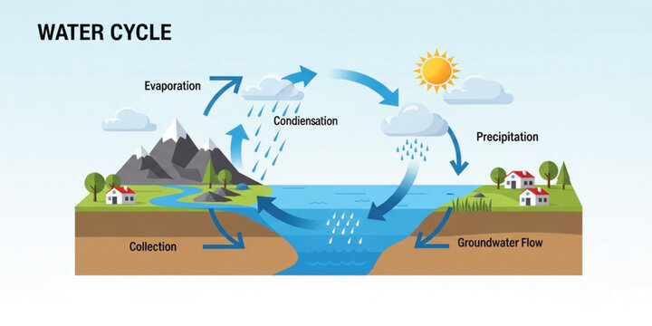 Water Cycle Diagram with Evaporation Condensation Precipitation Collection and Groundwater Flow Educational Infographic for Hydrology Climate Science and Geography Learning