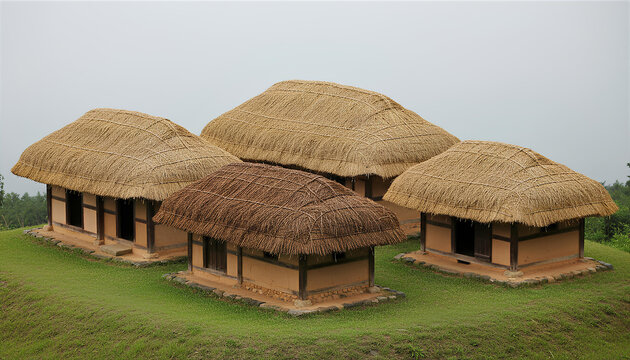 Rustic Korean Traditional Thatch-Roof Houses On Misty Hill