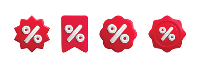 Vector cartoon 3d Sale badges set. Red label starburst, ribbon, seal with percent sign. Realistic 3d render online shop sticker. Cute design element for sale banner, tag, discount, special offer, app.