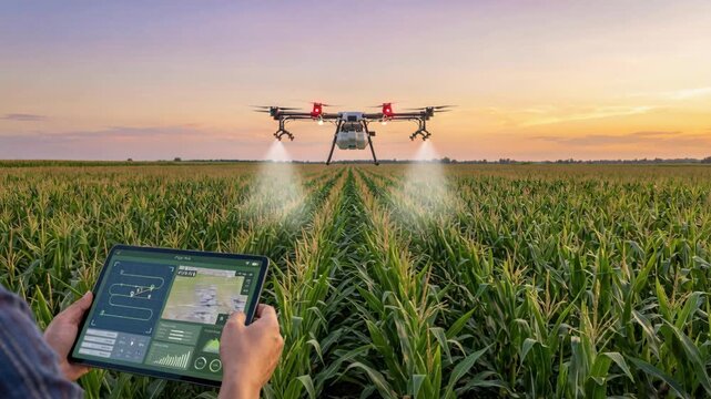 Smart irrigation drone spraying corn field sunset with operator tablet showing flight map and data for precision farming and tablet controls lush