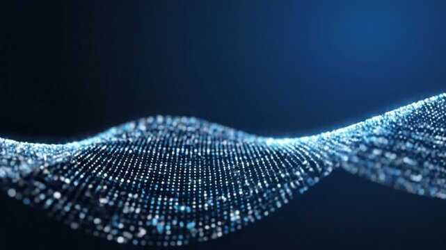 Digital wave of glowing blue pixels on a dark background with a shallow depth of field and cinematic lighting.
