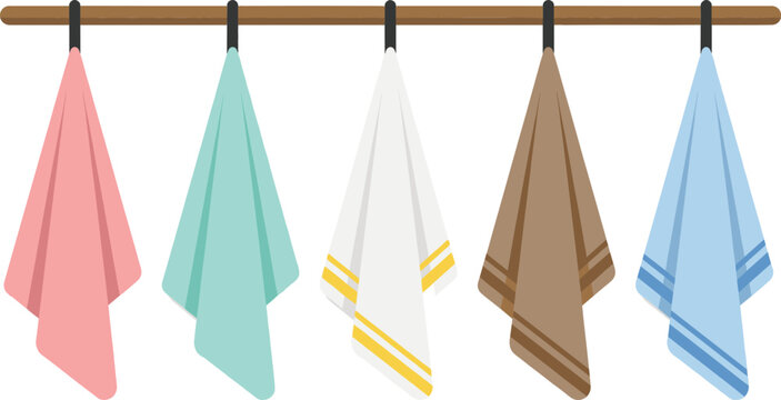 Colorful Hanging Kitchen Towels on Wooden Rack Vector Illustration with Striped Fabric Textile Design Isolated on White Background