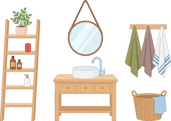 Modern Bathroom Interior Vector Illustration with Wooden Vanity Sink Round Mirror Towels Shelf Ladder and Laundry Basket Decor © MdEmdadul
