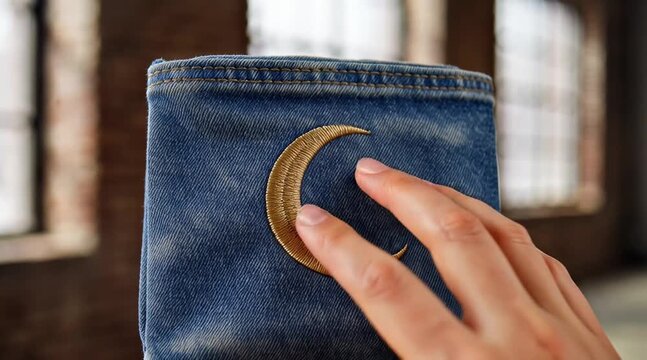 Close-up of a golden crescent moon patch on blue denim fabric, showcasing intricate embroidery and texture.