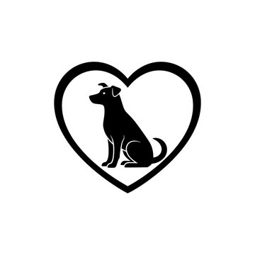 flat vector silhouette of loyal dog sitting inside heart frame