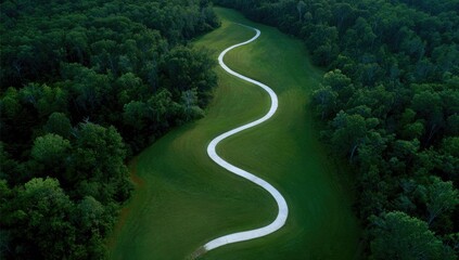 Obraz premium Aerial View of a Winding White Path Through a Lush Green Forest.