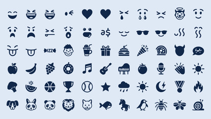 Variety of simple vector icons including emojis food items weather conditions sports and WIFI symbol