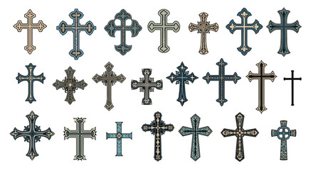 Fototapeta premium Assortment of ornate religious crosses with decorative elements, representing Christianity.