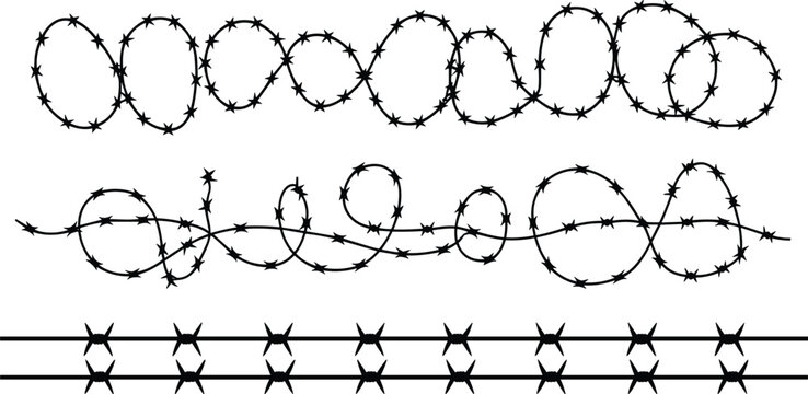 Black barbed wire coil silhouette set, for security fence, prison border, and military protection