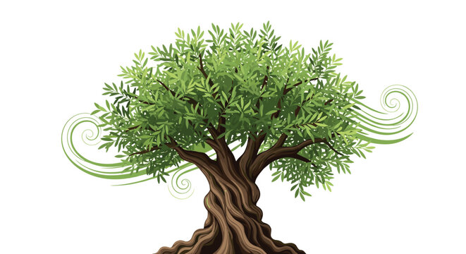 Stylized illustration of a vibrant green olive tree with a winding trunk, symbolizing nature and growth, on a clean white background.
