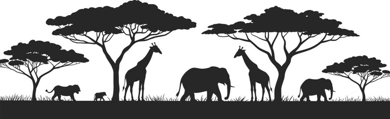 Fototapeta premium African savanna wildlife silhouettes with giraffes, elephants, lions, and acacia trees for nature, ecosystem, and design themes