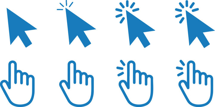 Click and point hand cursor icon set featuring computer mouse click, pointer, and navigation symbols