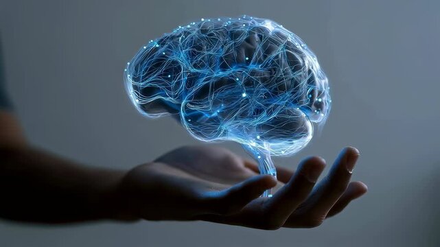 Glowing blue holographic brain projection floating above open human hand in futuristic technology concept