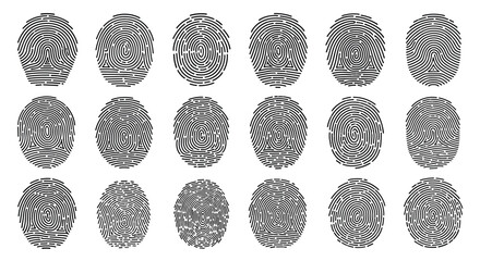 Abstract biometric fingerprint patterns collection, illustrating digital security and personal identification.
