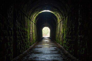 Fototapeta premium An ancient stone tunnel with mossy walls leads to a bright light at its far end, symbolizing passage and new beginnings.