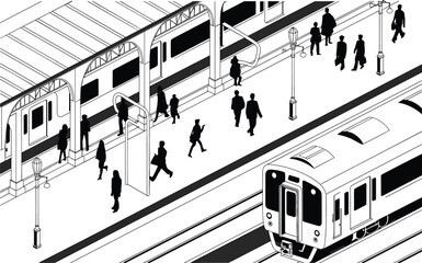 Isometric vector illustration of a modern train station platform with passengers, subway commuters, and transit infrastructure © Majnur