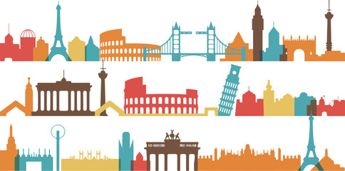 Obraz premium Travel and tourism landmarks vector collection featuring famous buildings, holiday destinations, and global sightseeing locations