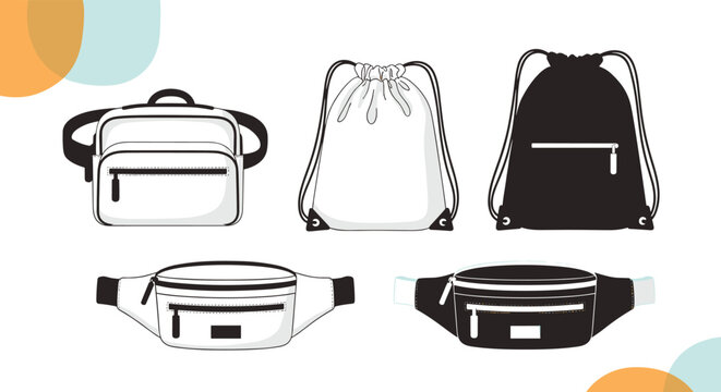 Collection of monochrome bags in flat vector style, featuring shoulder bags, drawstring backpacks, and fanny packs.