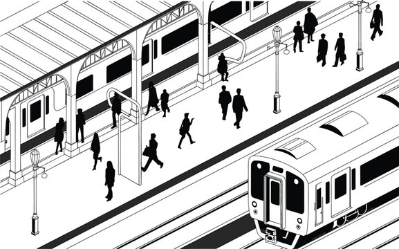 Isometric vector illustration of a modern train station platform with passengers, subway commuters, and transit infrastructure
