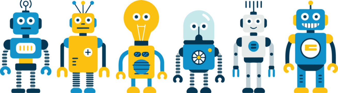 Cute vintage robot toy collection vector banner featuring retro mechanical characters in flat cartoon style
