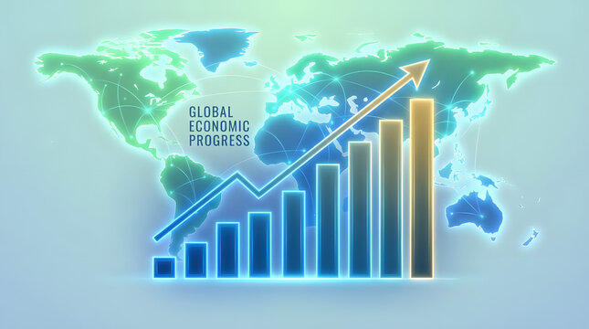 Global economic progress graph with rising trend and world map overlay illustrating growth and development worldwide