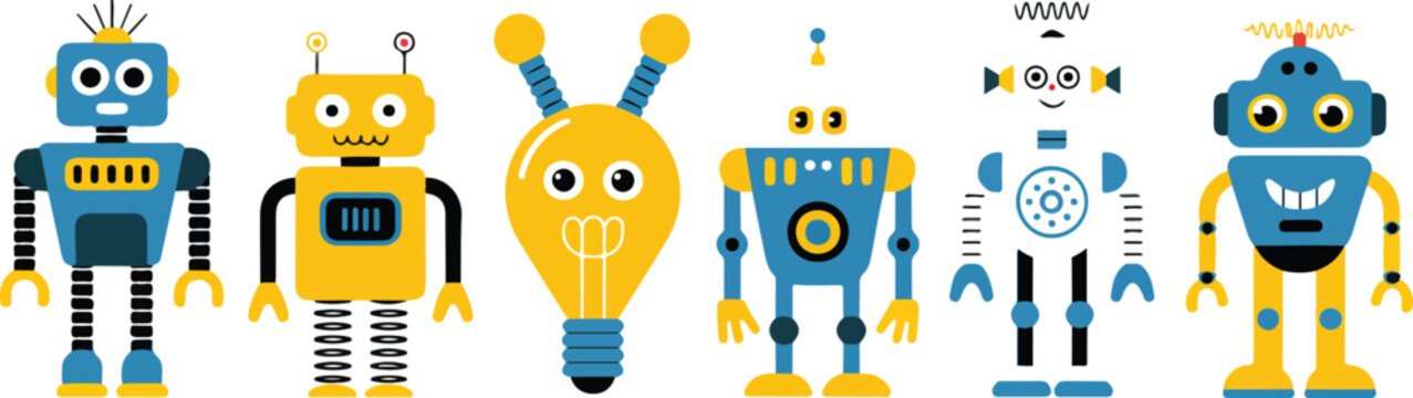 Cute vintage robot toy collection vector banner featuring retro mechanical characters in flat cartoon style
