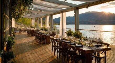 Fototapeta premium Elegant Lakeside Wedding Reception Setup at Sunset.
