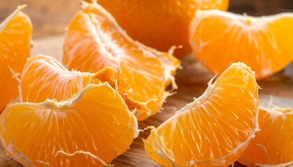 Close-up view of peeled mandarin orange segments arranged on a wooden surface with a shallow depth of field