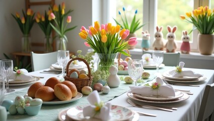 Colorful easter table setting with flowers eggs and bunnies on a sunny day