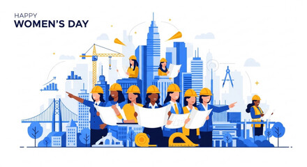 Women in construction celebrating international women's day with blueprints and hard hats in urban landscape